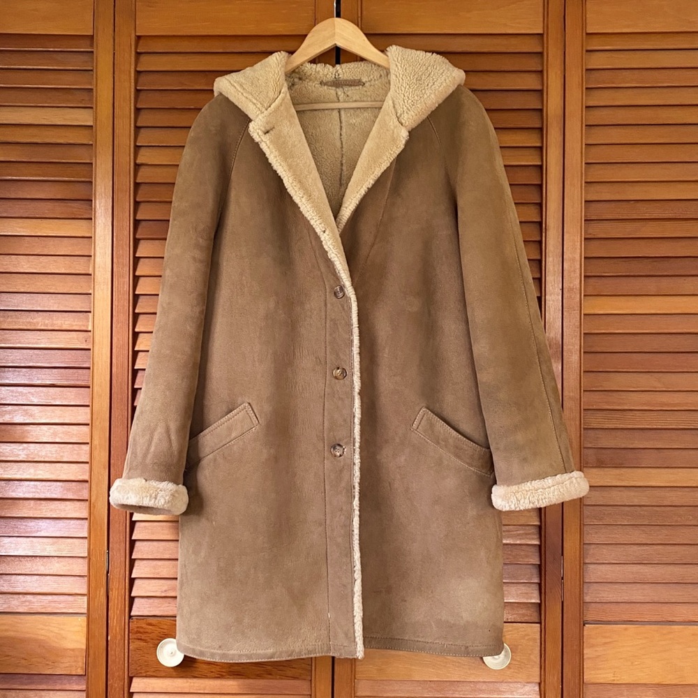 Sawyer Of Napa Coat Womens Size 14 Suede Leather Hooded Fur Shearling Long Brown